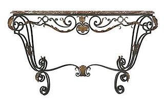 A Baroque Style Wrought Iron and Marble Top Console Table, Height 39 x width 59 1/2 x depth 17 1/2 inches.