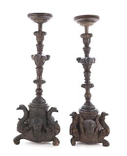 A Pair of Antique Italian Renaissance Style Carved Wood Candleholders, Height 33 x diameter 9 1/2 inches