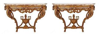 A Pair of Italian Neoclassical Fruitwood and Marble Top Consoles, Height 35 x width 52 x depth 22 inches.