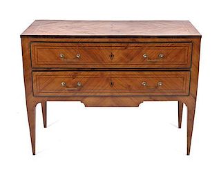 An Italian Transitional Line Inlaid Fruitwood Commode, Height 34 1/4 x width 45 x depth 20 3/4 inches.