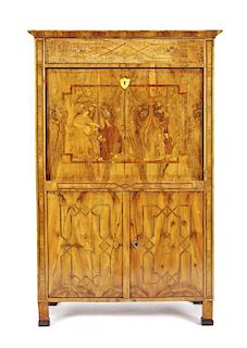 An Italian Marquetry Inlaid Fruitwood Secretaire a Abattant, Height 59 x width 38 x depth 19 1/2 inches.