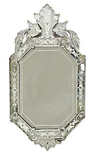 A Venetian Etched Glass Mirror, Height 36 1/2 x width 19 inches.