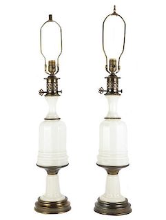 A Pair of Continental Opaline Glass Lamps, Height 34 1/4 inches.