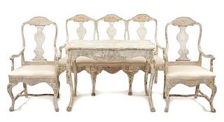 A Gustavian Style Four-Piece Salon Suite, Height of first 40 1/2 x width 57 1/2 x depth 20 1/4 inches.