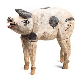 Two New Mexican Painted and Carved Wood Folk Art Pigs Height of larger 17 x length 19 inches