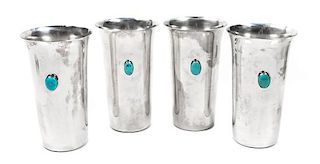Four Silverplate and Turquoise Tumblers Height 5 1/4 inches