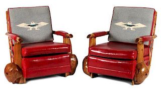 Pair of Western Style Burled Wood Club Chairs by Uptown Furniture Company Height 33 x width 35 x depth 36 inches