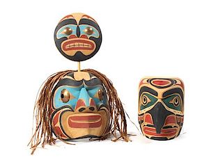 Two Kwakwaka'wakw Carved Wood Polychrome Masks Height of largest 6 1/4 x width 5 1/2 inches