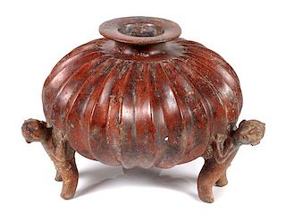 Colima Gadrooned Redware Vessel Height 9 x diameter 10 1/2 inches