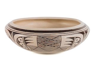 Helen Naha, Feather Woman (Hopi, 1922-1993), Black on White Low Bowl Height 3 3/4 x 10 3/4 inches