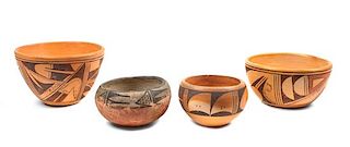 Four Hopi Pottery Bowls Height of largest 4 x 6 3/8 inches