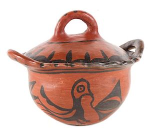 San Ildefonso Redware Lidded Bowl Height 6 1/2 x width 7 3/4 x depth 6 inches