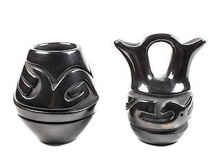 Two Santa Clara Blackware Vases Height of first 5 1/2 x 4 1/4 inches