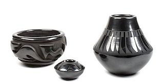 Three Santa Clara Blackware Pottery Bowls Height of first 5 inches