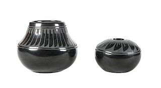Two Minnie Vigil (Santa Clara, b. 1931) Blackware Vases Height of larger 6 x diameter 5 1/2 inches