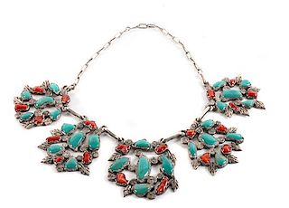 Zuni Silver, Turquoise and Coral Necklace Length 14 inches