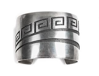 Lawrence Saufkie (Hopi, 1934-2011) Silver Overlay Cuff Bracelet Length 5 7/8 x opening 1 1/4 x width 1 3/4 inches