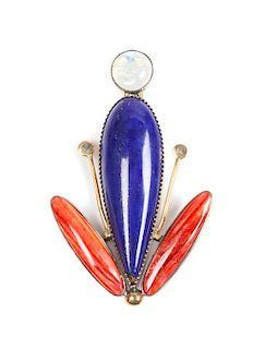 Mike Bird Romero (b. 1946) Silver, 18 Karat Yellow Gold and Multi-Gem Brooch Height 2 3/4 inches