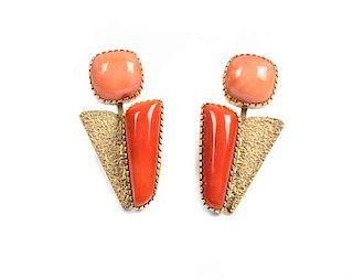 Gail Bird (b. 1949) and Yazzie Johnson (b. 1946), Pair of 18 Karat Yellow Gold and Coral Earclips Length 1 3/8 inches