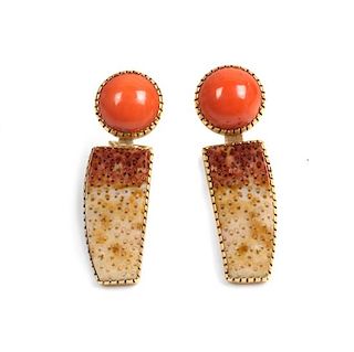 Gail Bird (b. 1949) and Yazzie Johnson (b. 1946), Pair of 18 Karat Yellow Gold and Coral Earclips Length 1 3/4 inches