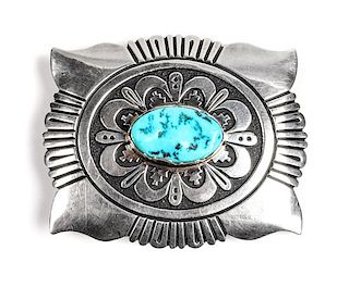 Tommy Singer (Dine, 1940-2014) Silver and Turquoise Belt Buckle Height 2 1/2 x width 3 1/8 inches