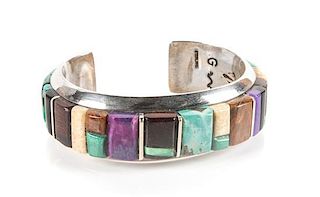 Greta Skeets-Willie (Dine, 20th Century) Silver and Mutli-Gem Cuff Bracelet Length 5 x opening 1 x width 3/4 inches