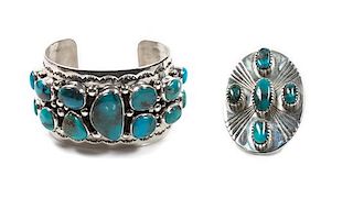 Edison Begay (Dine, b. 1954) Silver and Turquoise Cuff Bracelet and Ring Length of bracelet 6 x opening 1 1/4 x width 1 5/8 inch