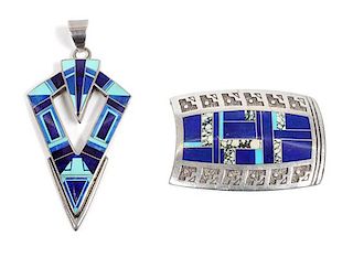 Southwestern Silver, Lapis and Turquoise Pendant and Belt Buckle, Knifewing Segura/ Ray Tracey Length of pendant 3 1/2 inches