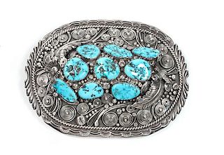 Richard T. Thomas (Dine, 20th Century) Large Silver and Turquoise Belt Buckle Height 4 x width 5 1/4 inches