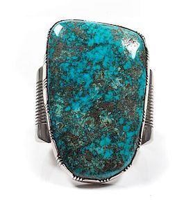 Jerry Roan (Dine, 20th Century) Monumental Silver and Turquoise Cuff Length 5 3/4 x opening 1 3/8 x width 4 inches
