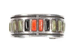 Jimmie and Reyna King (Dine, 20th Century) Silver and Multi-Gem Cuff Bracelet Length 5 1/4 x opening 1 1/4 x width 1 1/8 inches