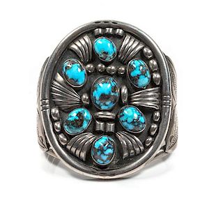 Philip Taso (Dine, 20th Century) Large Silver and Turquoise Cuff Bracelet Length 5 1/2 x opening 1 1/4 x width 3 1/4 inches