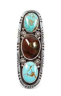 Edison Begay (Dine, b. 1954) Silver, Turquoise and Fire Agate Ring Length 3 1/8 inches