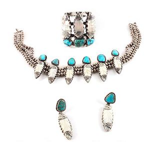Louise Platero (Dine, 20th Century) Group of Silver, Turquoise and Mother of Pearl Jewelry Length of necklace 14 inches