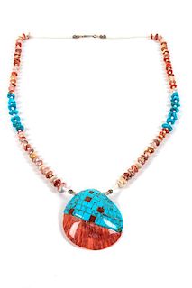 Santo Domingo Inlay Shell Necklace Length 28 inches, pendant 2 3/4 inches