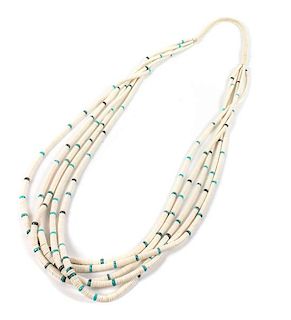 Five Strand White Shell and Turquoise Necklace Length 28 inches