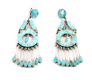 Zuni Channel Inlay Turquoise Earrings Length 3 1/4 inches