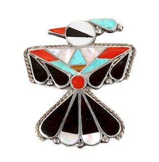 Zuni Silver and Multi-Stone Channel Inlay Thunderbird Brooch Height 2 inches