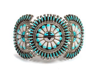 Zuni Silver, Turquoise, Mother of Pearl and Jet Bracelet Length 5 3/8 x opening 1 1/4 x width 1 5/8 inches