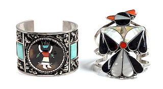 Two Zuni Mosaic Inlay Bracelets Length of first 5 3/8 x opening 1 1/4 x width 1 3/4 inches