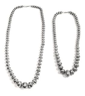 Two Southwestern Silver Bead Necklaces Length of larger 30 inches