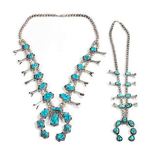 Two Silver and Turquoise Squash Blossom Necklaces Length of larger 26 inches