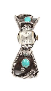 Southwestern Silver and Turquoise Watch Band Length 5 1/8 x opening 1 1/8 x width 1 inches