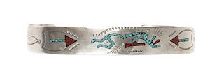 Navajo Silver, Turquoise and Coral Chip Inlay Bracelet Length 5 3/4 x opening 1 1/4 x width 3/8 inches
