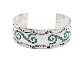 Southwestern Silver and Turquoise Chip Inlay Bracelet Length 5 7/8 x opening 1 3/8 x width 7/8 inches