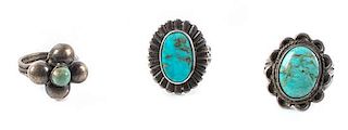 Three Southwestern Silver and Turquoise Rings