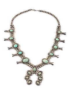 Southwestern Silver and Turquoise Squash Blossom Necklace Length 22 inches