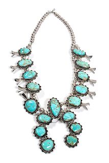 Southwestern Silver and Turquoise Squash Blossom Necklace Length 22 inches