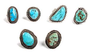 Six Southwestern Silver and Turquoise Rings