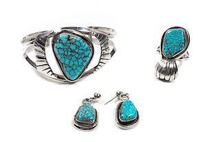 Navajo Silver and Turquoise Demi Parure Length of bracelet 5 1/2 x opening 1 x width 1 3/8 inches